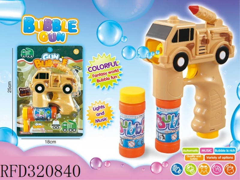 B/O BUBBLE GUN WITH MUSIC AND LIGHT, IT CONTAINS 2PCS 50ML TRANSPARENT BOTTLES OF BUBBLE WATER
