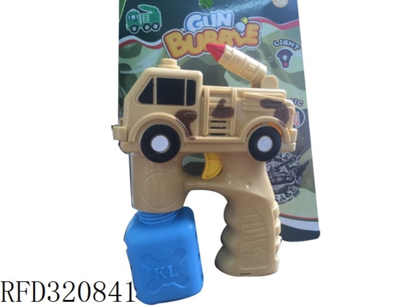 B/O BUBBLE GUN WITH MUSIC AND LIGHT, IT CONTAINS A 100ML BOTTLE OF OIL BOTTLE BUBBLE WATER