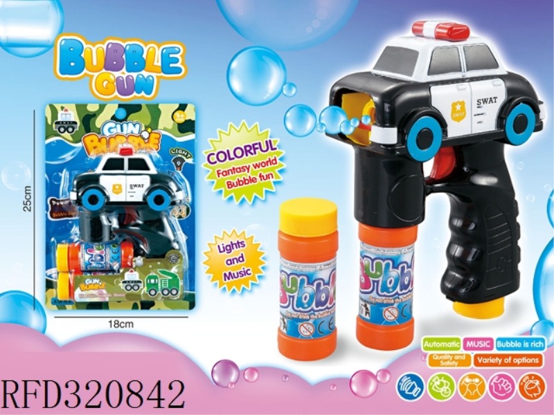 B/O BUBBLE GUN WITH MUSIC AND LIGHT, IT CONTAINS 2PCS 50ML TRANSPARENT BOTTLES OF BUBBLE WATER
