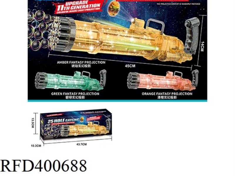 25-HOLE TRANSPARENT WITH LIGHT PROJECTION GATLING BUBBLE MACHINE