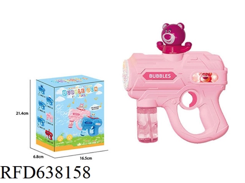 LIGHTS MUSIC STRAWBERRY BEAR AUTOMATIC ROTATING ELECTRIC BUBBLE GUN