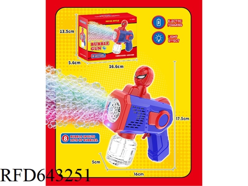 8-HOLE SPIDER-MAN AUTOMATIC BUBBLE MACHINE WITH LIGHT.