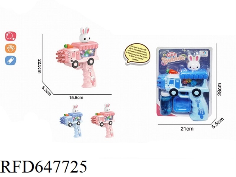 12-HOLE GEAR RABBIT CAR BUBBLE MACHINE WITH LIGHT AND 1 BOTTLE OF 50ML BUBBLE WATER.