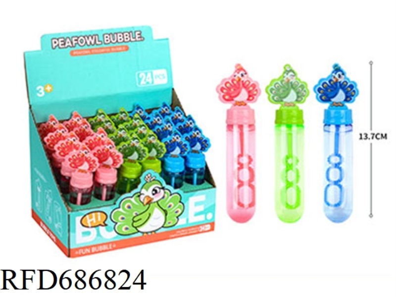 A BOX OF PEACOCK BUBBLE STICKS, 24 PIECES, 35ML