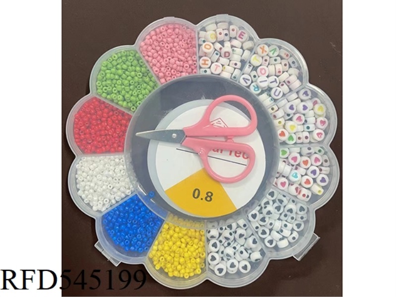 FLOWER BOX 12 SQUARES MIXED LETTERS + BEAD BEADING BOX (WITH SCISSORS + THREAD BOX)