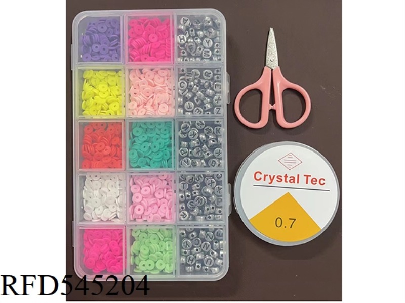 15 SMALL POLYMER CLAY + LETTER BEADED BEADING BOX (WITH SCISSORS + WIRE BOX)