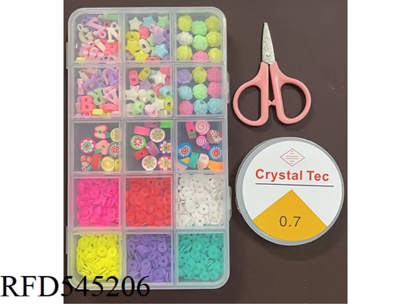15 SQUARES ORDINARY BEADS + LARGE POTTERY PIECES + SMALL POTTERY PIECES BEADED BOX (WITH SCISSORS +