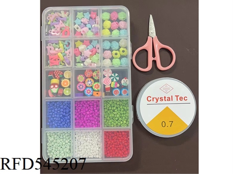 15 SQUARES ORDINARY BEADS + LARGE CERAMIC PIECES + FINE BEADS BEADING BOX (WITH SCISSORS + WIRE BOX)
