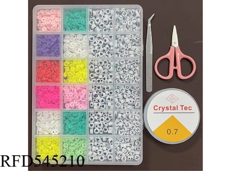 24 SMALL POLYMER CLAY + LETTER BEADED BEADING BOX (WITH SCISSORS + WIRE BOX + CLIP)