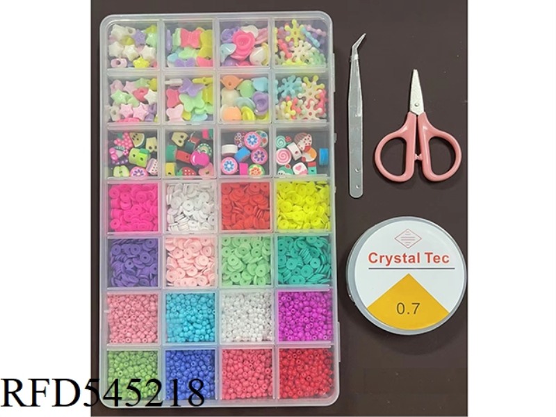 28 SMALL POLYMER CLAY + COLORED BEADS + FINE BEADS + LARGE CERAMIC SHEET BEADS (WITH SCISSORS + WIRE
