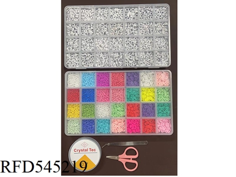 28 BEADS + SMALL POLYMER CLAY +26 LETTERS (WITH SCISSORS + WIRE BOX + CLIP)