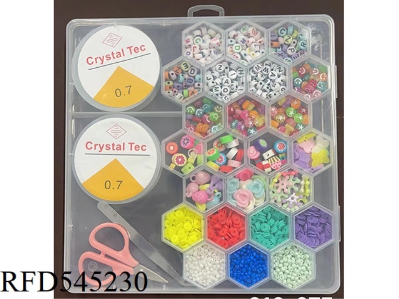 24 HONEYCOMB LETTERS + LARGE POTTERY PIECES + BEADS + SMALL POTTERY PIECES BEADED BOX