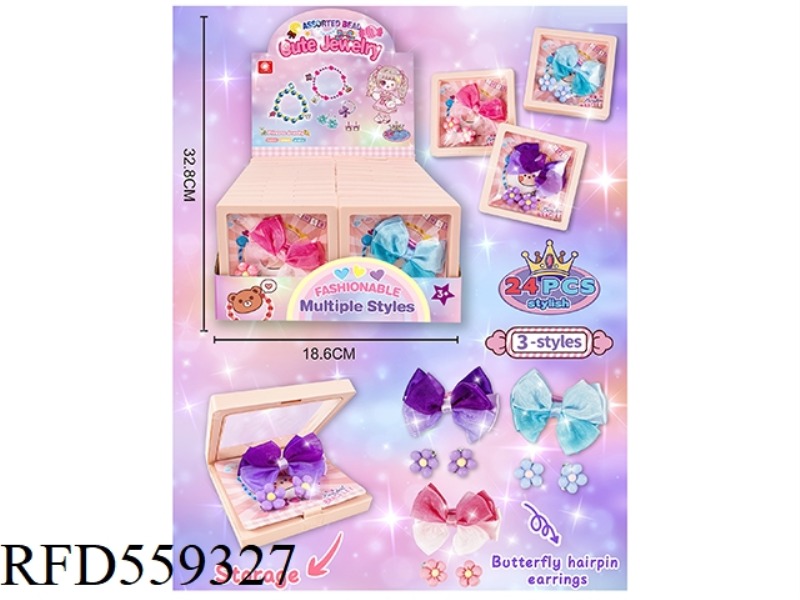 HUMBERBE BOW HAIRPIN EARRINGS + FLOATING JEWELRY BOX 24PCS
