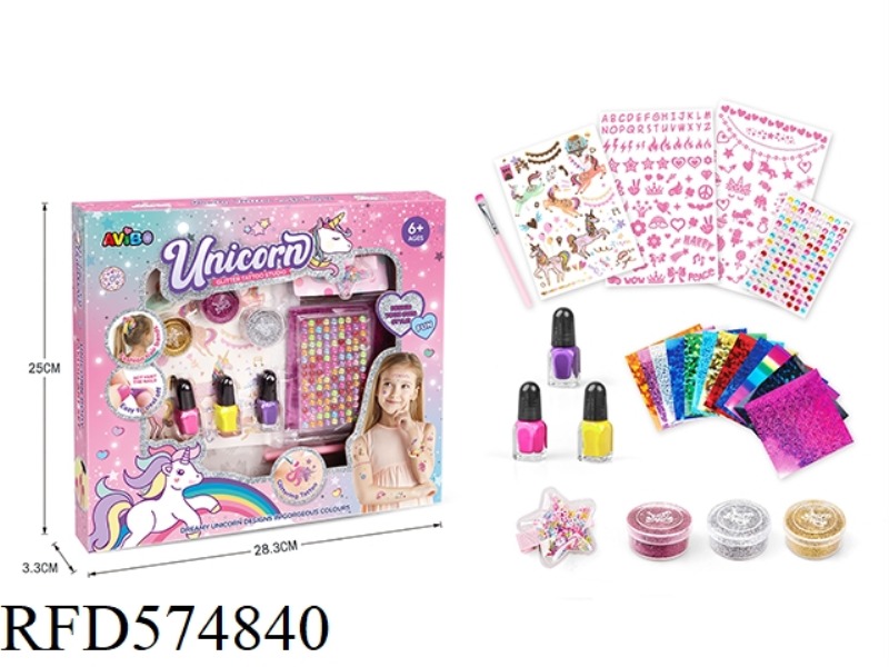 UNICORN DIY TATTOO KIT + CHILDREN'S REMOVABLE NAIL POLISH + HAIRPIN