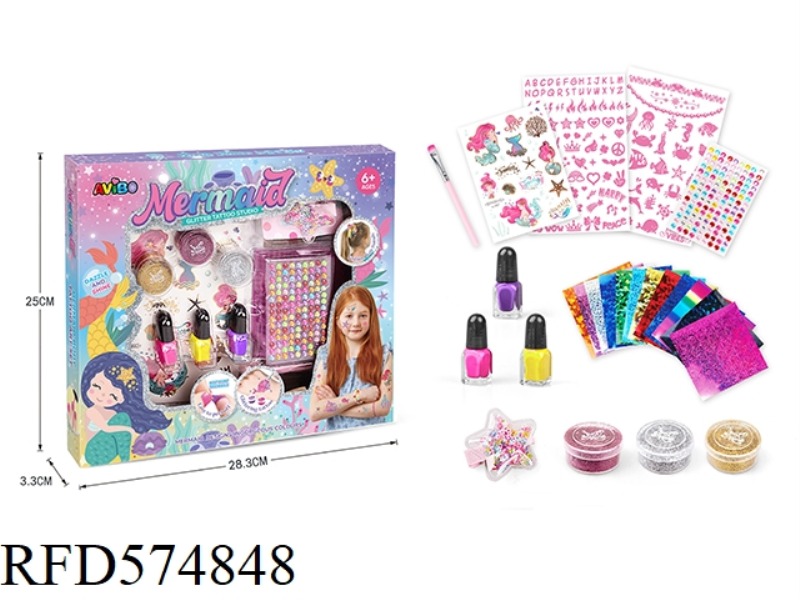 MERMAID DIY TATTOO KIT + CHILDREN'S REMOVABLE NAIL POLISH + HAIRPIN