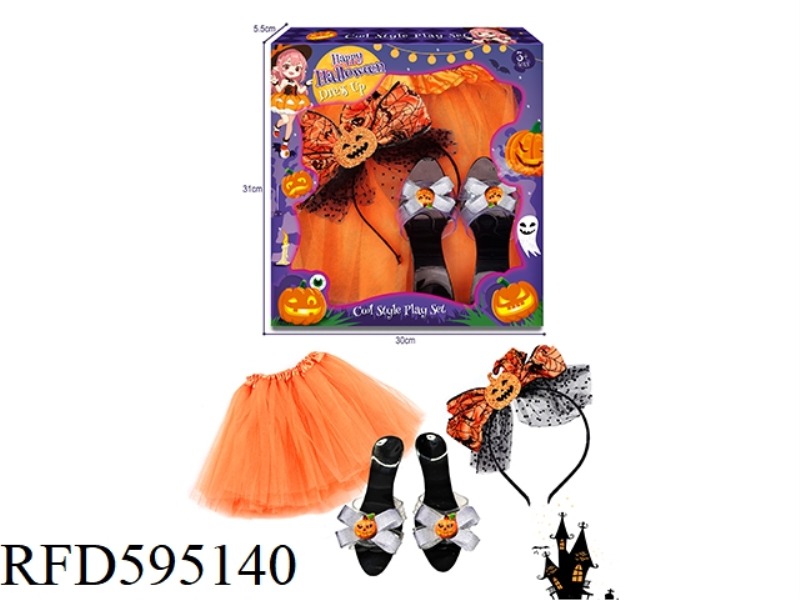 HALLOWEEN GIRL PUMPKIN SHOES MESH DRESS JEWELRY SET