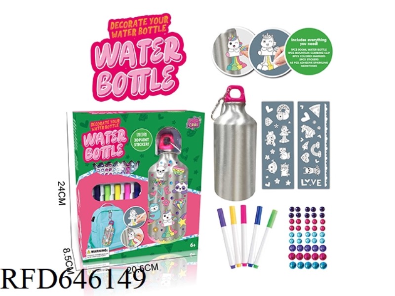 DIY UNICORN STICKER GRAFFITI WATER BOTTLE (500ML, 5-COLOR WATERCOLOR PEN,)