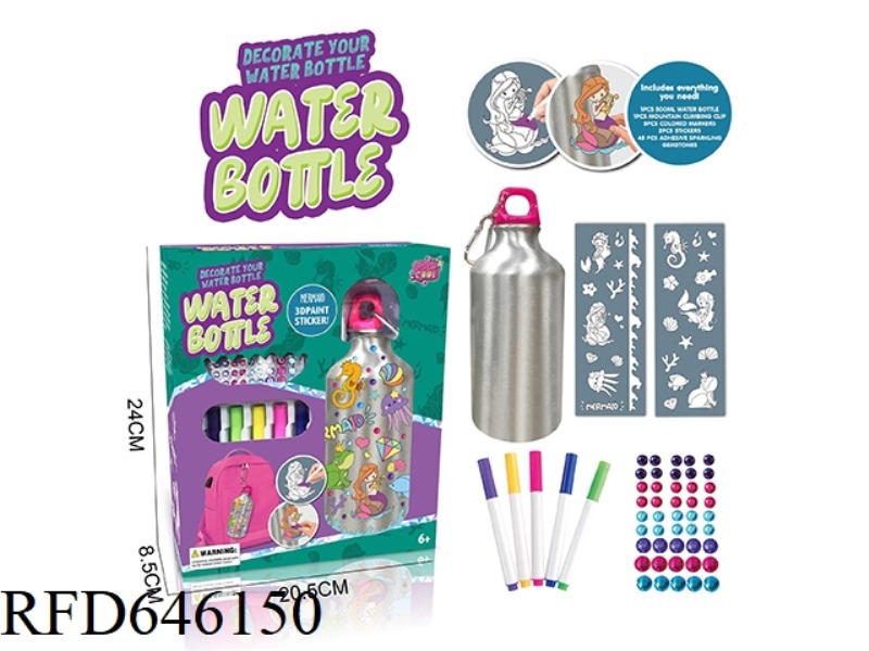 DIY MERMAID STICKER GRAFFITI WATER BOTTLE (500ML, 5-COLOR WATERCOLOR PEN,)