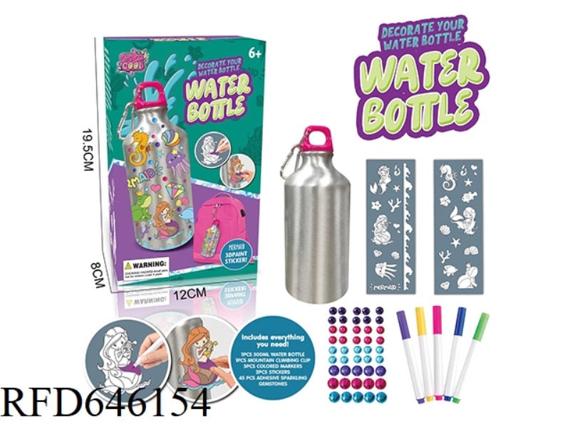 DIY MERMAID STICKER GRAFFITI WATER BOTTLE (500ML, 5-COLOR WATERCOLOR PEN,)