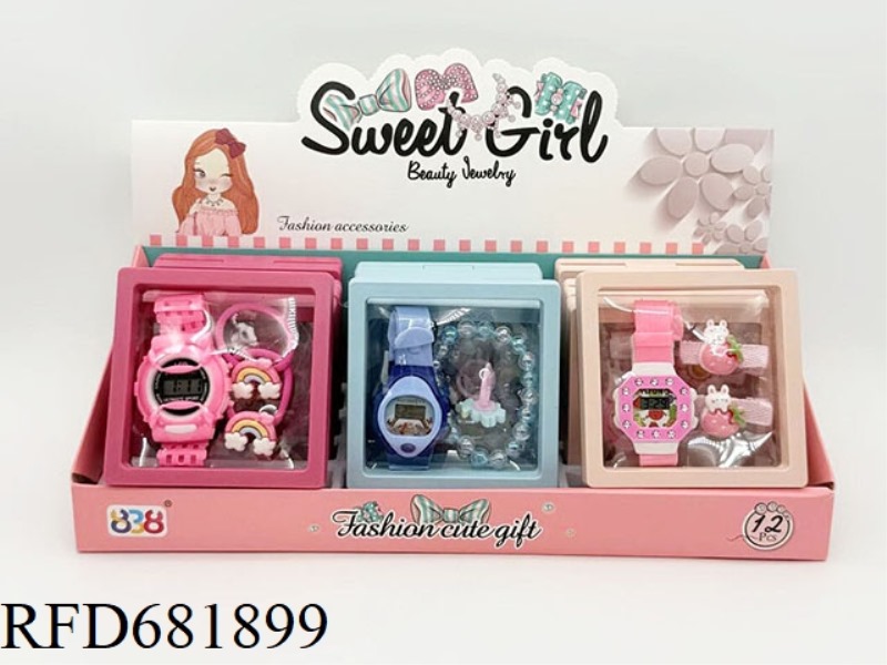 GIRL JEWELRY: WATCH+RUBBER BAND/BRACELET/RING/HAIRPIN 12PCS