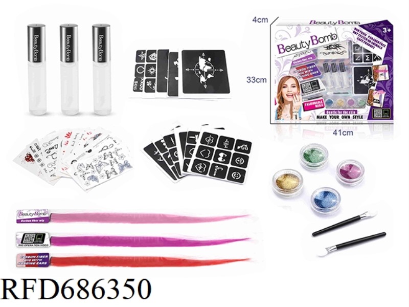 DIY BEAUTY AND HAIR CARE, GIRL TATTOO SET WITH WIG PIECES