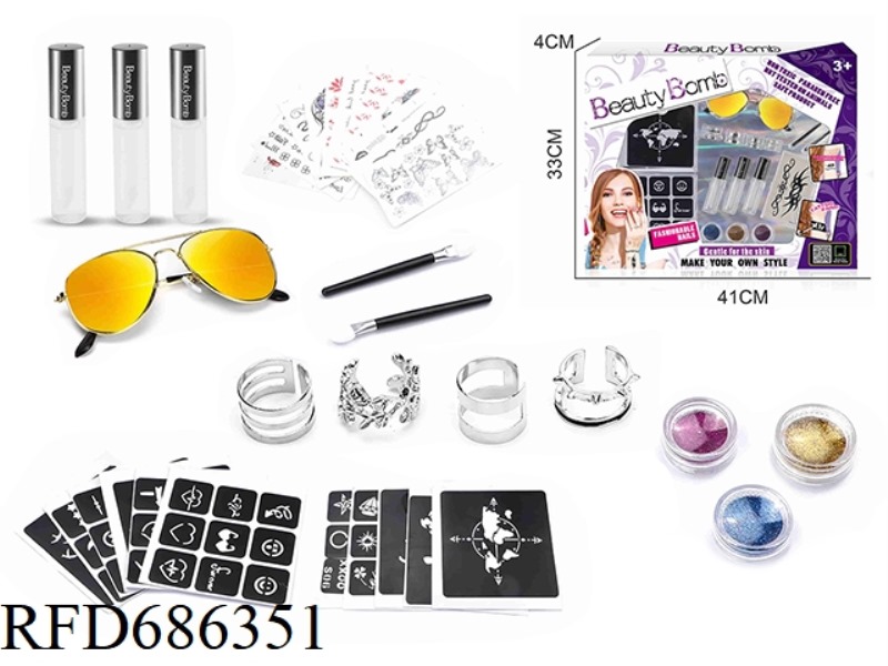 DIY BEAUTY GIRL TATTOO SET WITH GLASSES AND RING