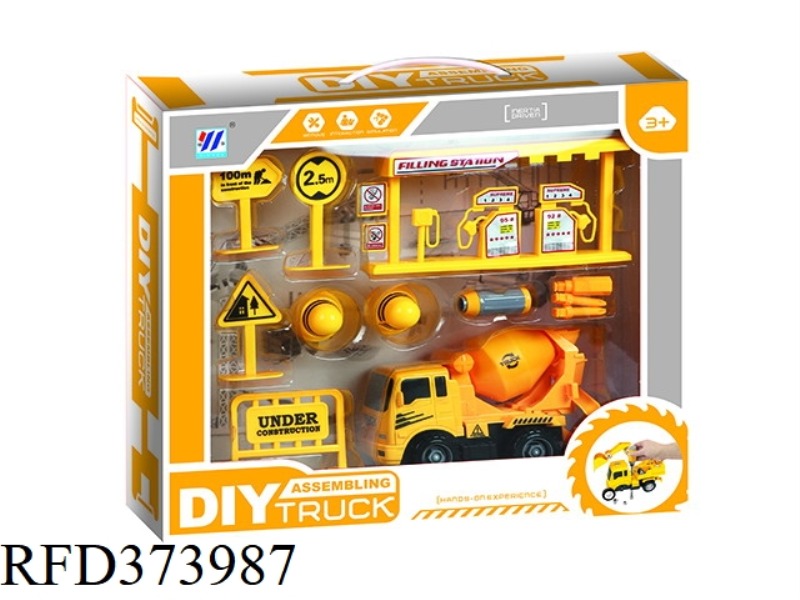 DIY MIXER TRUCK INERTIA DISASSEMBLY SIMULATION ENGINEERING TRUCK WITH GAS STATION ROAD SIGN SET