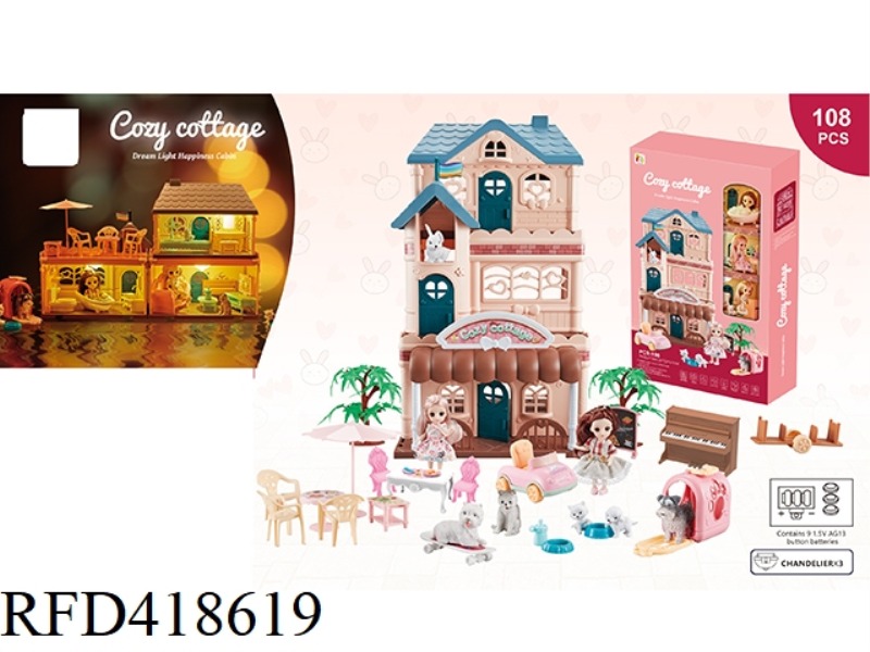108PCS ASSEMBLED SCENE VILLA HOUSE WITH SOLID ANIMALS AND PRINCESS BARBIE (LIGHTING FUNCTION)