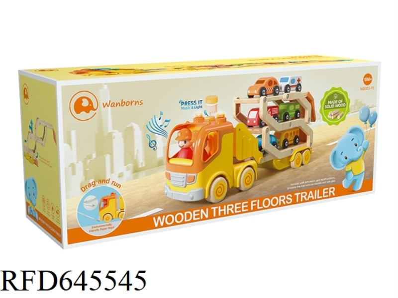 WOODEN FLAT-TOP 3 LEVEL TRAILER WITH MUSIC, LIGHTS AND ELECTRIC (RED AND BLUE)