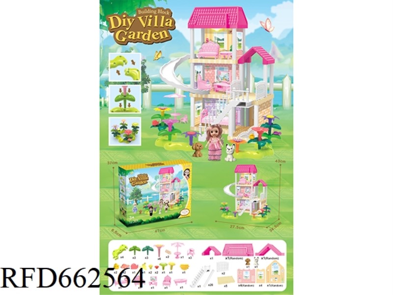 DIY GARDEN FLOWER ARRANGEMENT BUILDING BLOCKS VILLA WITH FURNITURE 6 INCH BARBIE LIGHTING 93PCS