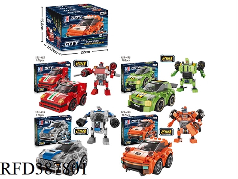 PUZZLE CITY RACING BUILDING BLOCKS DOUBLE PULL BACK SPORTS CAR SERIES 4-IN-1 DEFORMATION ROBOT (117-
