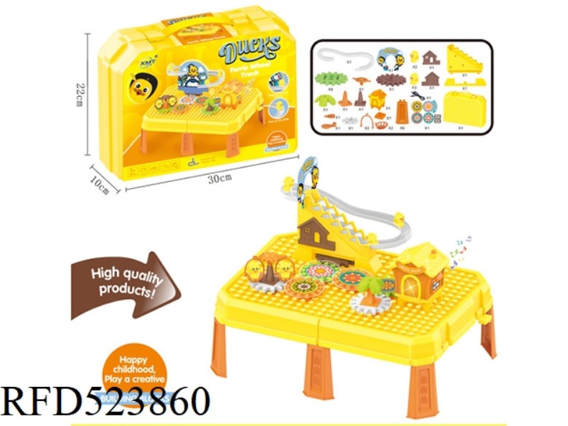 (GCC) ELECTRIC INTERLOCKING GEAR CUTE DUCK CLIMBING STAIRS WOODEN TABLE + BUILDING BLOCKS STORAGE BO