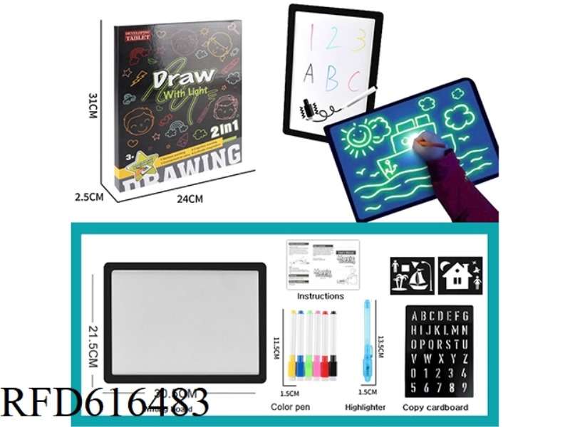 DRAW WITH LIGHT FUN FLUORESCENT DRAWING BOARD (2-IN-1) WITH COLORED PENS