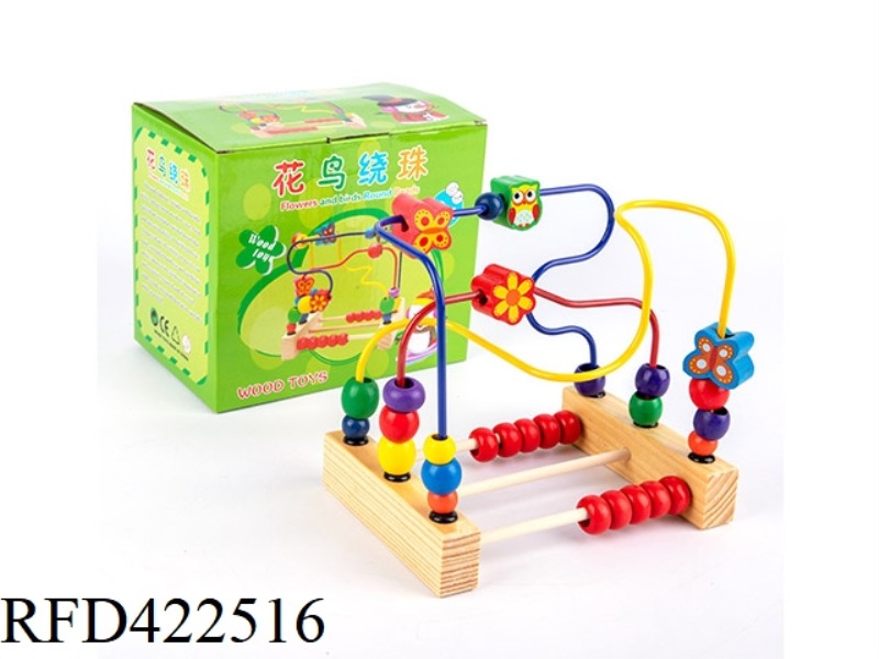 WOODEN FLOWERS AND BIRDS AROUND BEADS