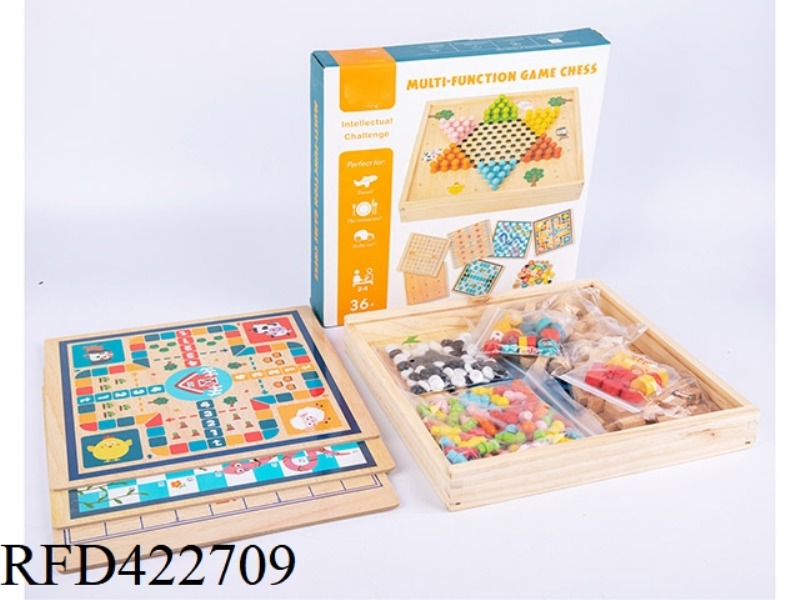 WOODEN FOUR-IN-ONE CHESS (BACKGAMMON, FLYING CHESS, SINGLE NOBLE, CHECKERS)