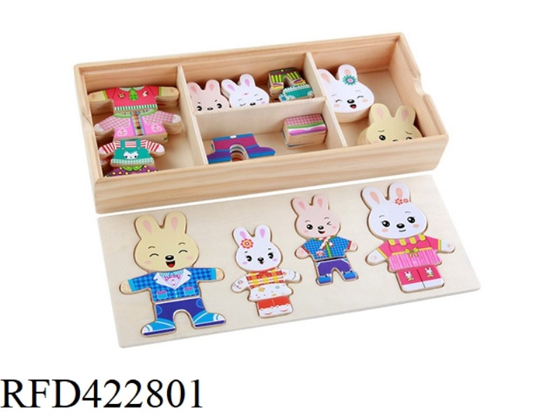 WOODEN FOUR RABBITS CHANGE CLOTHES