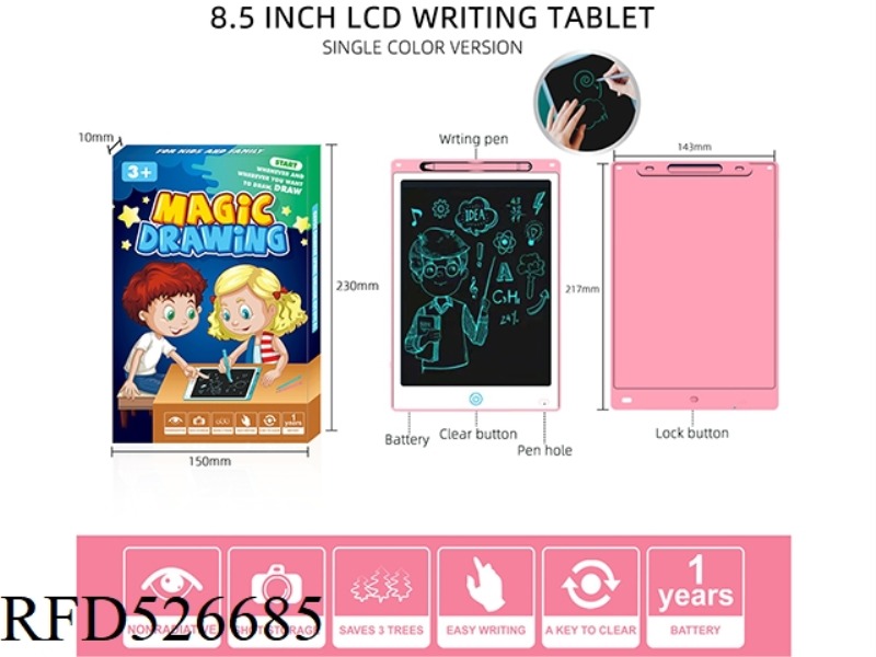 PINK 8.5 INCH WHITE FACE STICK MONOCHROME LCD WRITING BOARD WITH SCREEN LOCK