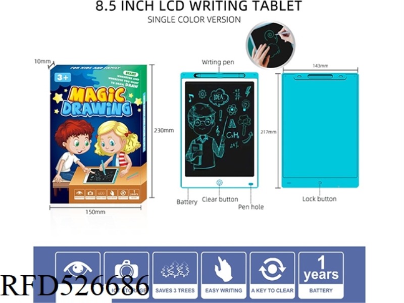 BLUE 8.5 INCH WHITE FACING MONOCHROME LCD WRITING BOARD WITH SCREEN LOCK