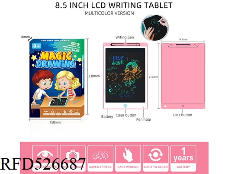 PINK 8.5 INCH WHITE SURFACE STICKER COLOR SCREEN LCD WRITING BOARD WITH SCREEN LOCK