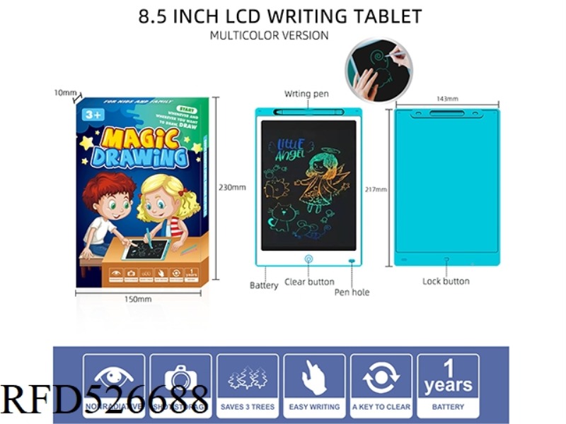 BLUE 8.5 INCH WHITE FACING COLOR LCD WRITING BOARD WITH SCREEN LOCK