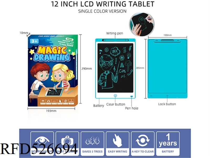 BLUE 12 INCH WHITE FACING MONOCHROME LCD WRITING BOARD WITH SCREEN LOCK