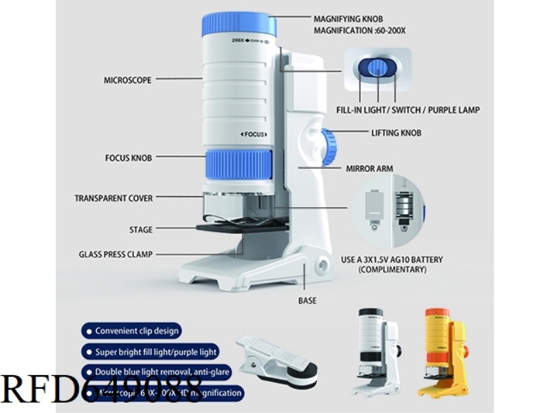 HANDHELD MICROSCOPE + STAND + PHONE CLIP 60X-200X