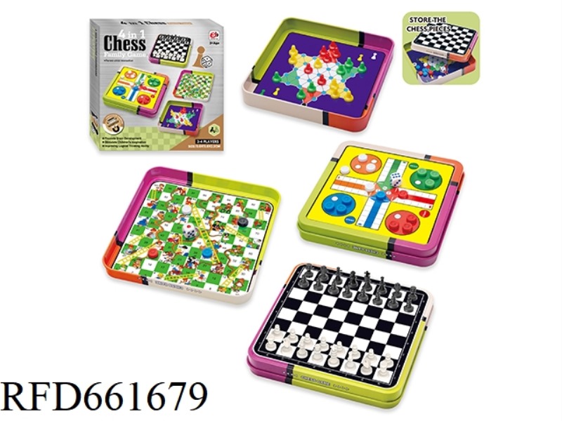 INTERNATIONAL/FLIGHT/SNAKES AND LADDERS/CHECKERS 4 IN 1- IRON BOX
