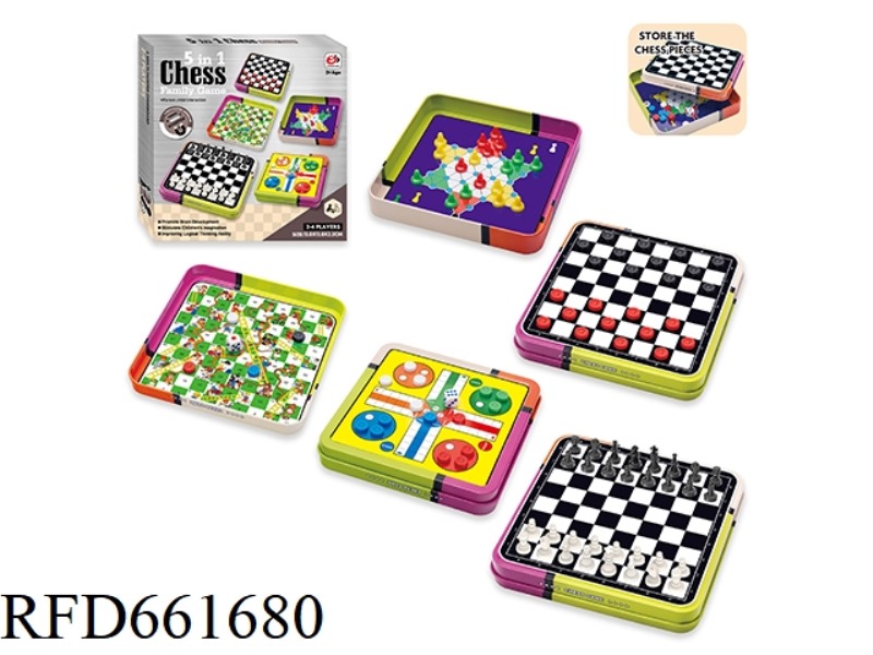 INTERNATIONAL/WESTERN CHECKERS/FLIGHT/SNAKES AND LADDERS/CHECKERS 5 IN 1- IRON BOX