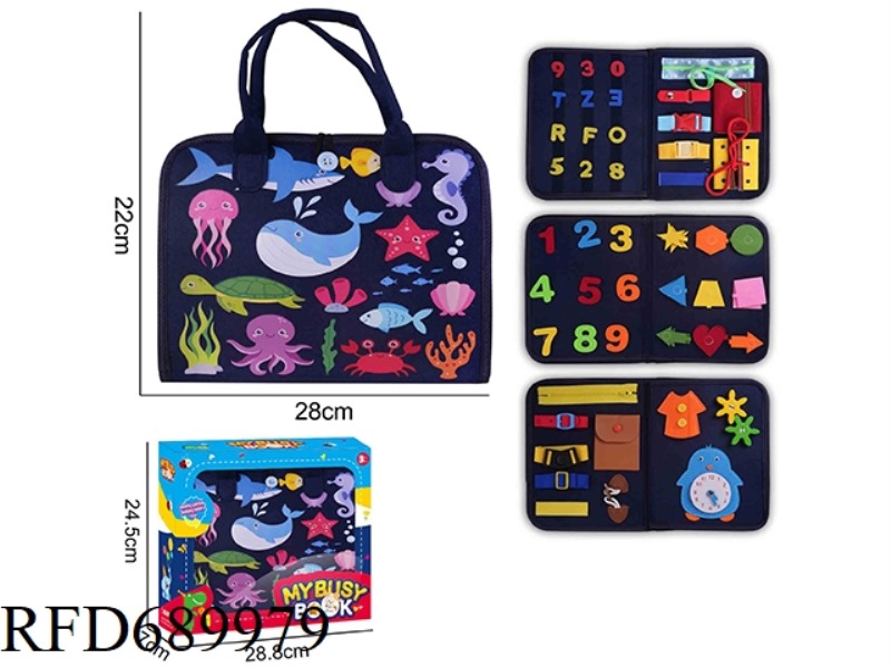 MONTESSORI CHILDREN'S EARLY EDUCATION PUZZLE - FELT BLUE 4-PAGE DINOSAUR+OCEAN BUSY EDITION