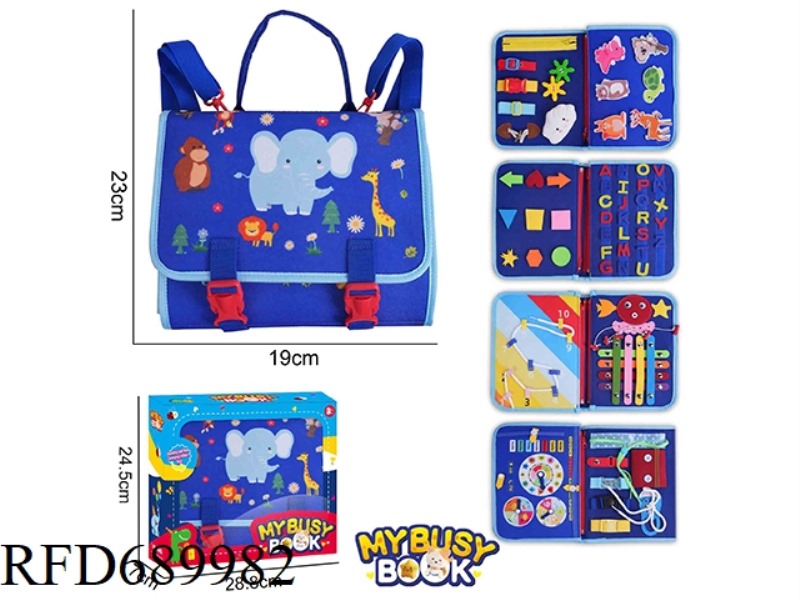 MONTESSORI CHILDREN'S EARLY EDUCATION PUZZLE - FELT BACKPACK BLUE 5-PAGE WILD ANIMAL BUSY EDITION