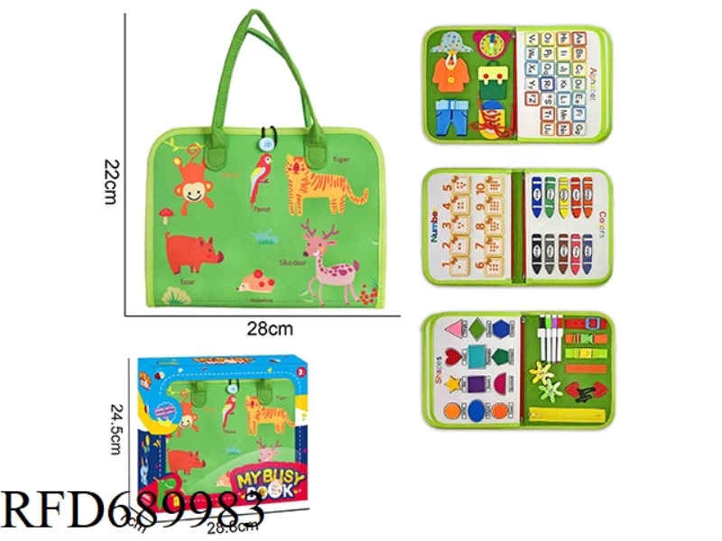 MONTESSORI CHILDREN'S EARLY EDUCATION PUZZLE - FELT GREEN 5-PAGE WILD ANIMAL BUSY EDITION