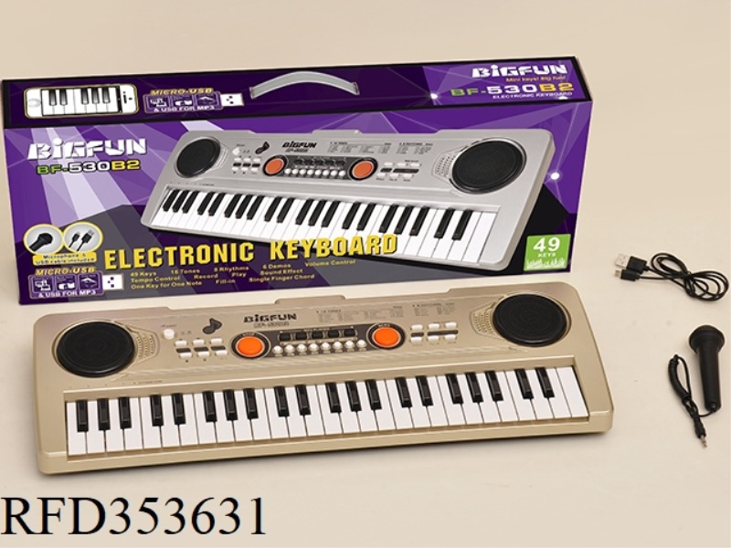 49 KEYBOARD COMES WITH A MICROPHONE, USB POWER CORD AND A USB FLASH DRIVE TO PLAY MUSIC
