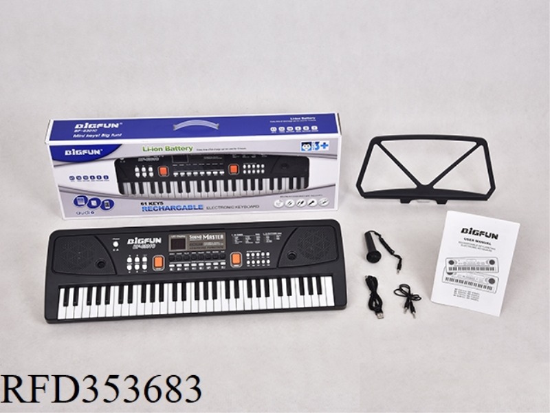 61 KEYBOARD WITH MICROPHONE/AUDIO CABLE /USB POWER CORD/INSTRUCTION MANUAL/MUSIC SHELF