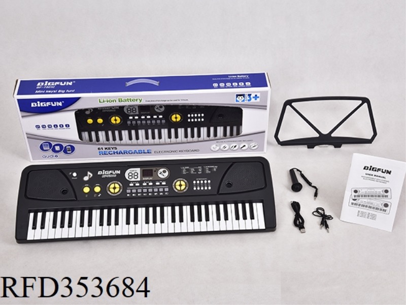 61 KEYBOARD WITH MICROPHONE/AUDIO CABLE /USB POWER CORD/INSTRUCTION MANUAL/MUSIC SHELF